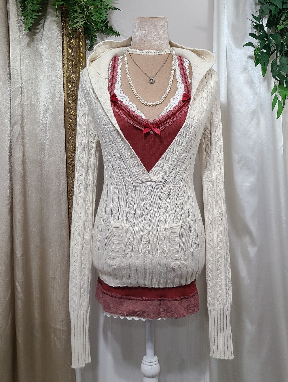 ♡ Y2K ♡ Hollister Cream Rabbit Hair Hooded Babydoll Sweater Kangaroo Pocket Top